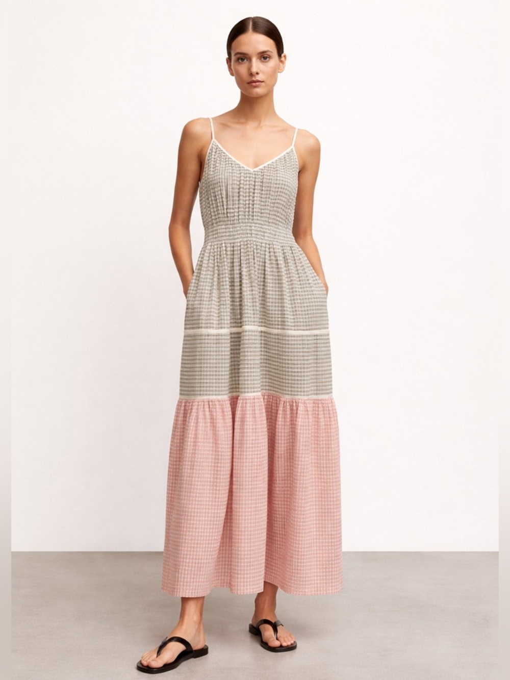 Proche Gingham spaghetti strap tiered maxi dress in muted pink/ green size S